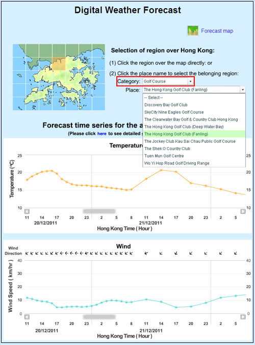 Users can check weather forecasts of regions where different golf courses are located