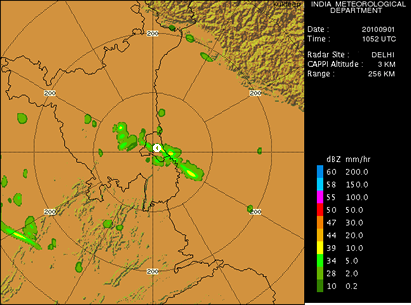 A forecast rainfall map generated by IMD on 1 September 2010 using the Indian version of SWIRLS.  The white circle shows the location of the Jawaharlal Nehru Stadium, the main stadium of the Commonwealth Games