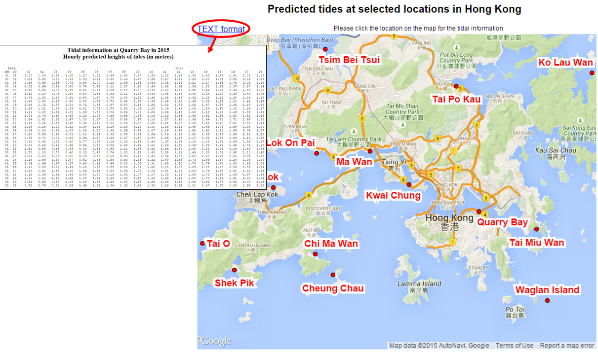 Predicted hourly tide data in text format