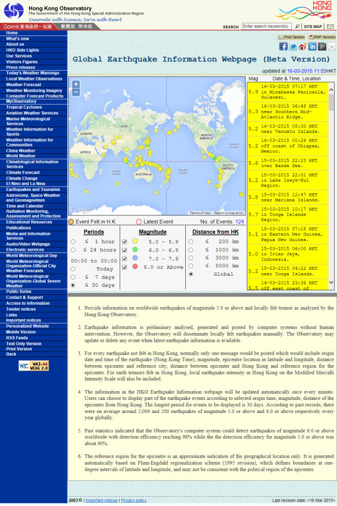 “Global Earthquake Information” Webpage (Beta Version)