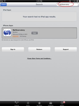 Figure 2: Enter 'MyObservatory' in the search box at the top right hand corner of the App Store on iPad for installation of the application.