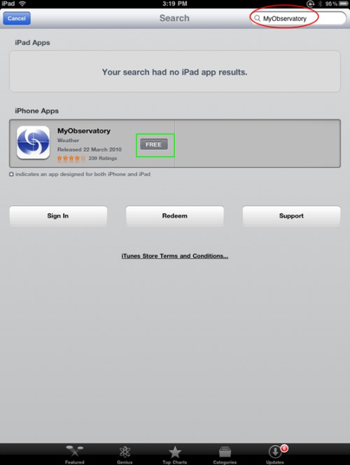 Figure 2:   Find 'MyObservatory' app by entering 'MyObservatory' at the top right hand corner of the App Store.  Press the 'FREE' button as indicated by the green box in the figure to install the app.