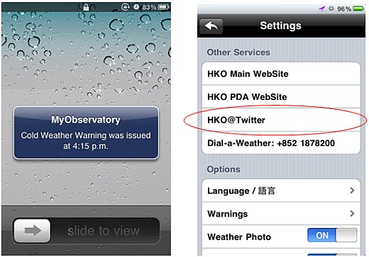 Sample of 'weather warning push notification', Link to HKO Twitter account