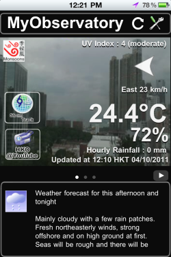 Sample screen of local weather forecast as default display on 
