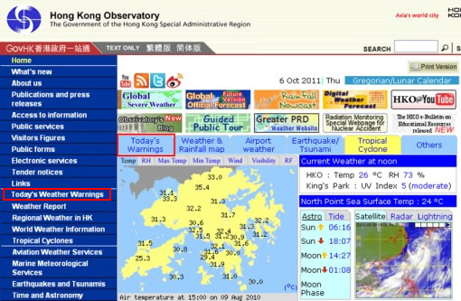 Figure 1:  Press the link as highlighted in the red boxes to enter the "Today's Weather Warnings and Signals Record" webpage