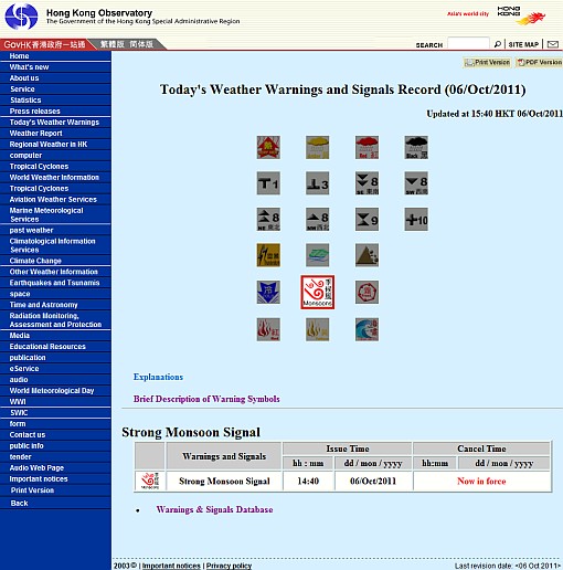 Figure 2:  Display of "Today's Weather Warnings and Signals Record" webpage