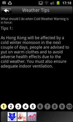 Sample screen of weather tips