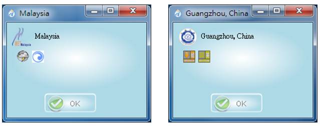 Figure 2: Sample dialogue boxes showing Strong Wind - Rough Sea Warning and Thunderstorm Warning (left) from Malaysia; Cold Weather Warning Signal and Fog Warning Signal from Guangzhou, China (right)
