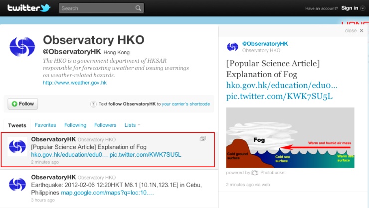 Figure 2: HKO's Twitter webpage
