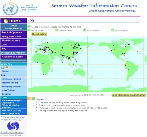 Figure 1. SWIC fog webpage showing the distribution of fog around the world