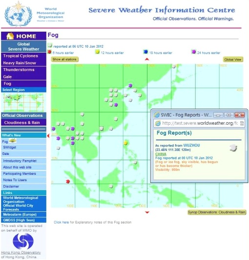 Figure. 2. Location and visibility of fog report shown on the SWIC fog webpage