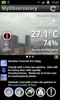 Sample Screens displaying Special Weather Tips (red exclamation icon on the left figure; details of tips on right figure) and two weather icons (on lower left side of left figure)
