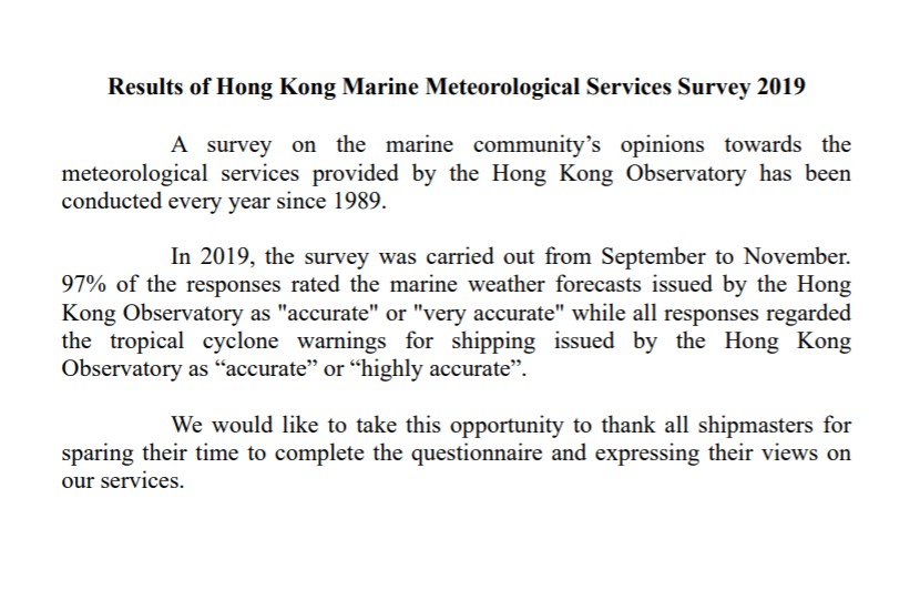 Results of Hong Kong Marine Meteorological Services Survey 2019
