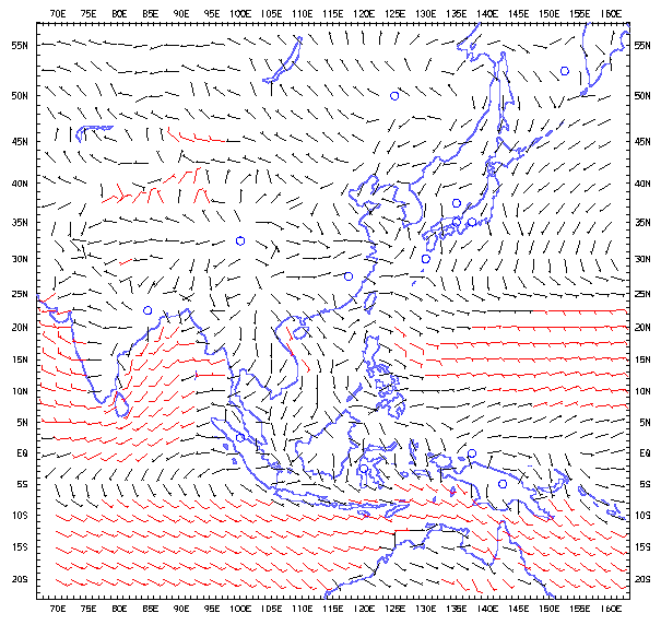 Climatological Mean Surface Winds over the Asian Region (Apr - Jun)