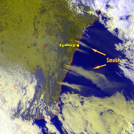 Wildfires in New South Wales, Australia (Image time - 1:32 p.m., 4 December 2002)