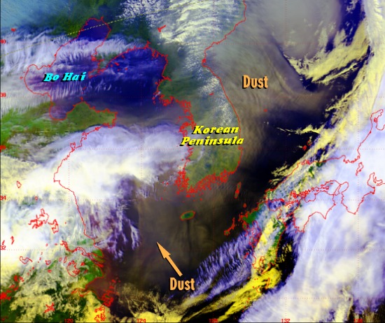 Dust storms reaching the East China Sea (Image time - 1:08 p.m., 21 March 2002)