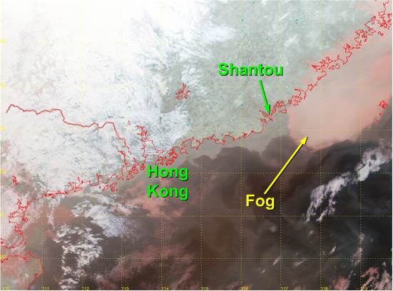 Fog over southeastern coast of China (Fig. 1 Image time - 10:33 p.m., 12 January 2006)