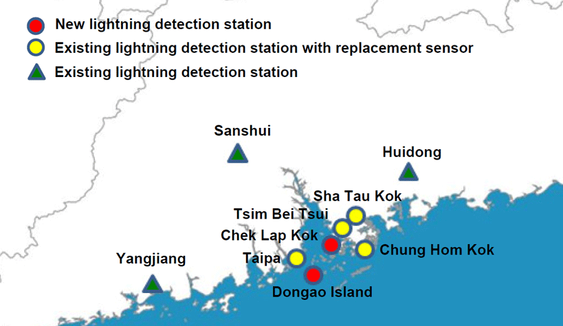 Locations of lightning detection stations