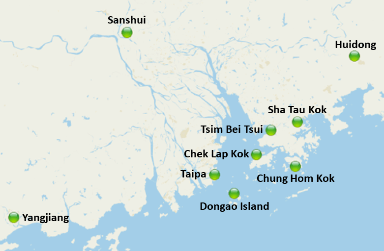 Locations of lightning detection stations