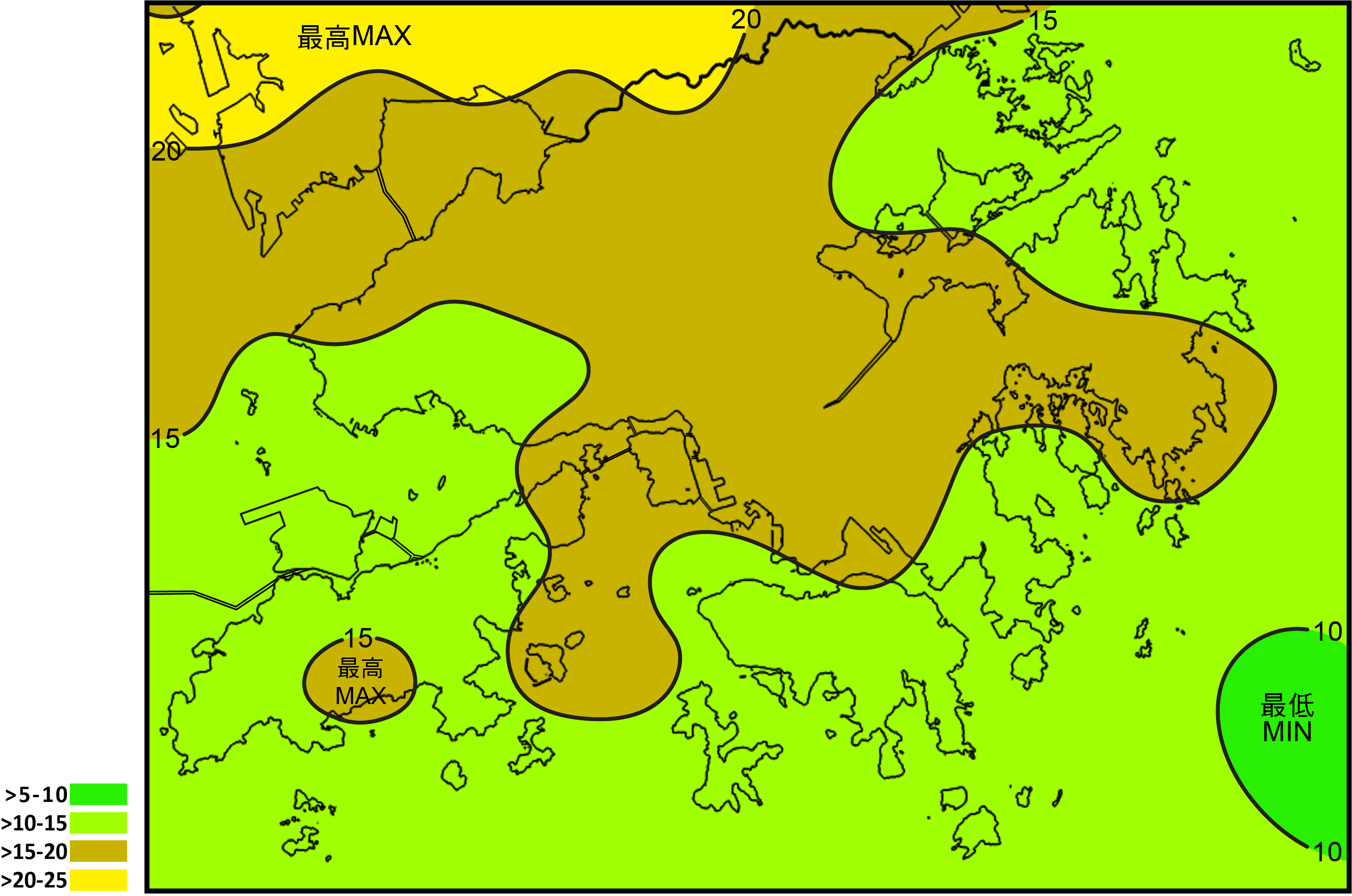 The average yearly number of cloud-to-ground lightning strokes per square kilometer from 2006 to 2023 ranged generally between 10 and 20 over the Hong Kong Territory.