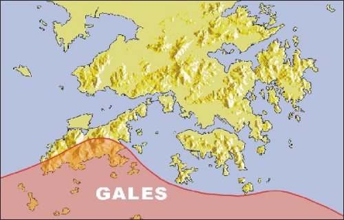 Areas of gale force winds
