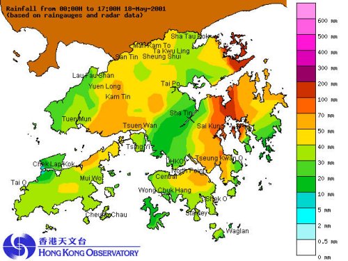 rainfall distribution map for Hong Kong up to 5 p.m. today (18 May 2001)