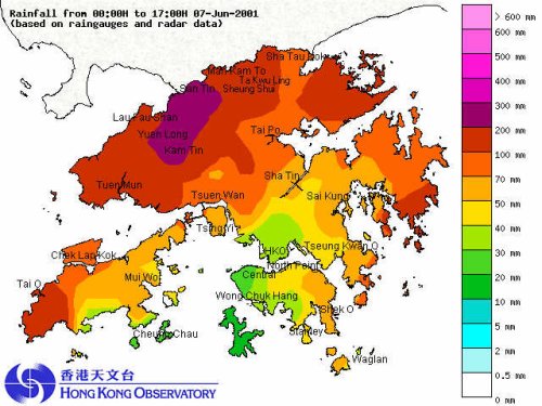 Rainfall distribution map: 0000 to 1700, 7 June 2001