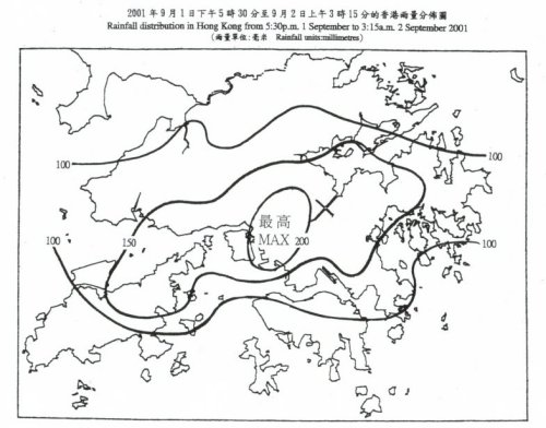 Rainfall distribution in Hong Kong from 5:30p.m. 1 September to 3:15 am 2 September 2001
