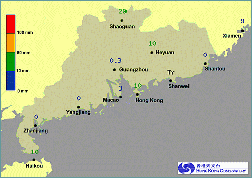  24-hr rainfall distribution map for cities in Guangdong and adjacent areas 