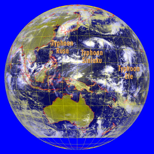Satellite picture captured on 31 August 2002. It depicts three typhoons in a row over the western North Pacific.