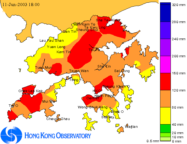A rainfall distribution map for today (Wednesday, 11 June 2003) up to 6 p.m.