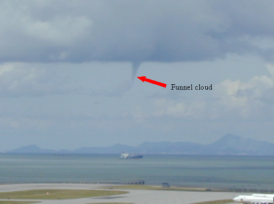 Picture of a funnel cloud observed to the southwest of the airport at Chek Lap Kok (taken at 10:29 a.m., 9 July 2003)