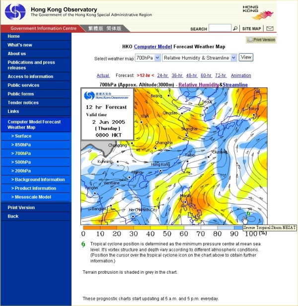 Figure 2	Upper-air (about 3,000 metres above mean sea level) streamline and relative humidity distribution chart forecast by the computer model.  Moist (in blue) and dry regions (in orange/yellow) correspond to areas with relatively higher chance of cloudy and clear weather respectively