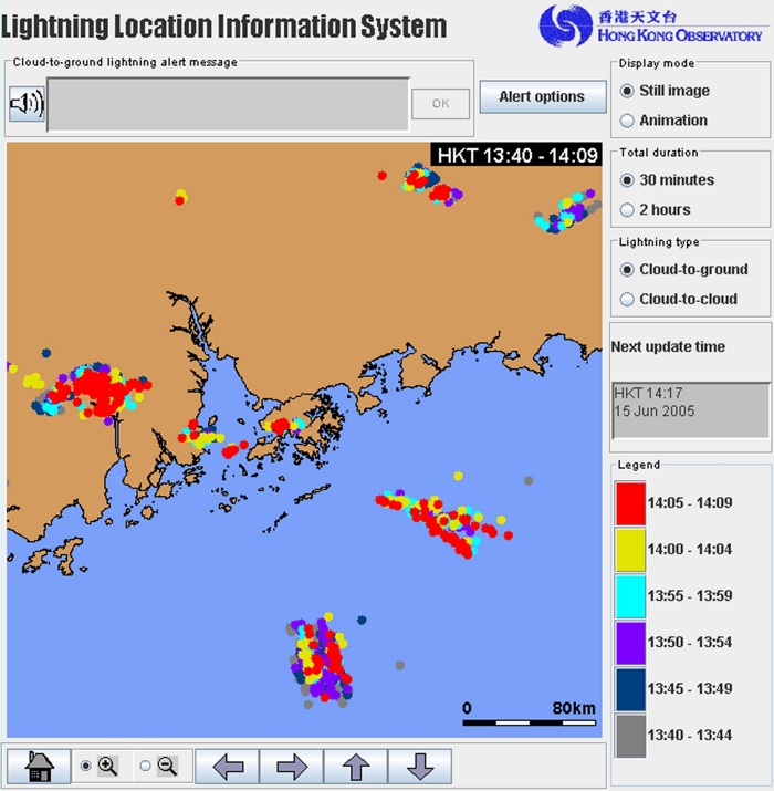 Figure 1.  Interactive graphical display of lightning location information over the Pearl River Estuary