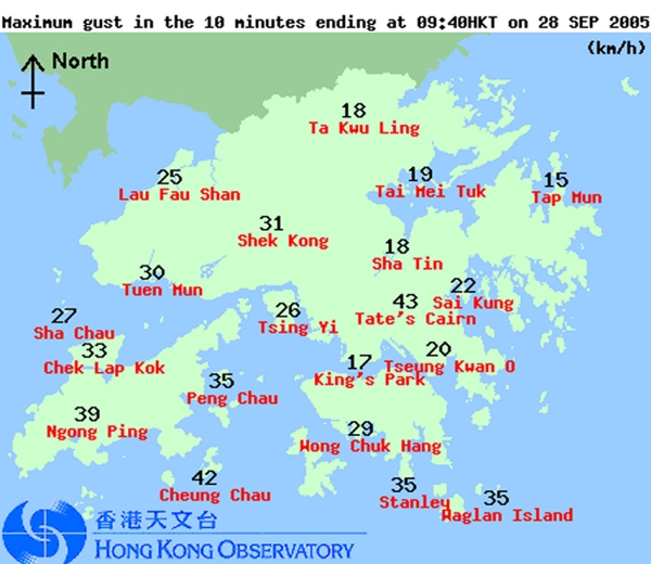 Figure 1.  The distribution map of the peak gust for the past 10 minutes on the Observatory's webpage for regional weather.