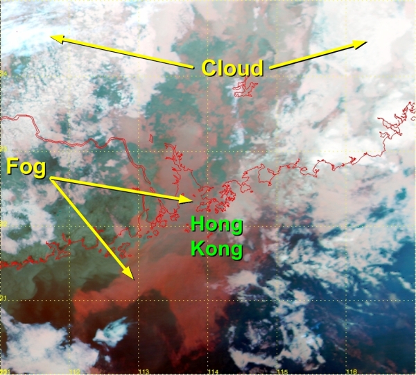 Figure 1   Image captured by the Earth Observing Satellite of NASA at 11 p.m. on 6 March 2006.  Fog (in red colour) shrouded the Pearl River Delta and the neighbouring waters.