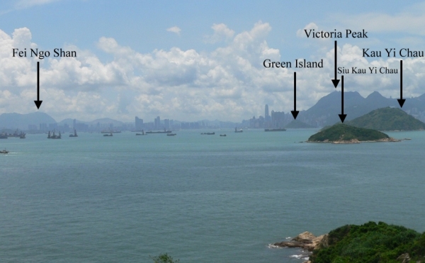 Landmarks as viewed from the camera at Peng Chau (looking to the east)