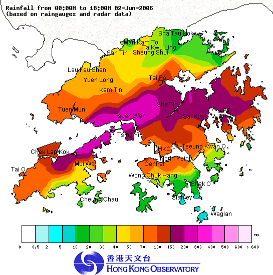 Rainfall distribution in Hong Kong from midnight to 6:00 p.m. on 2 June 2006 