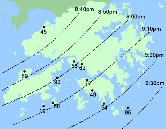 Figure 1		The locations of the squall line (dash lines) and the maximum gust (km per hour) recorded at several automatic weather stations during the passage of the squall line on the night of 9 June 2006. 