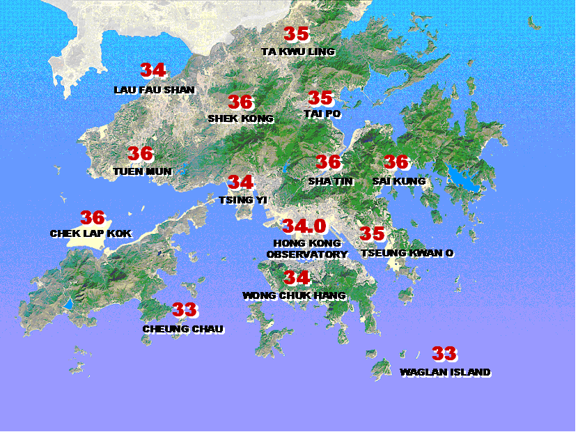The maximum temperatures over various parts of Hong Kong today