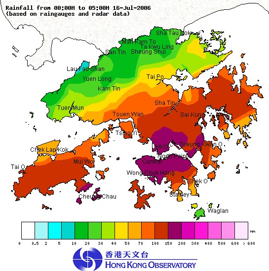 Rainfall distribution in Hong Kong from midnight to 5 a.m. on 16 July 2006 