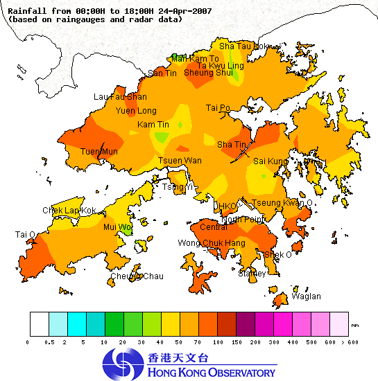 Figure 1.  The rainfall distribution in Hong Kong from midnight to 6 p.m. on 24 April 2007