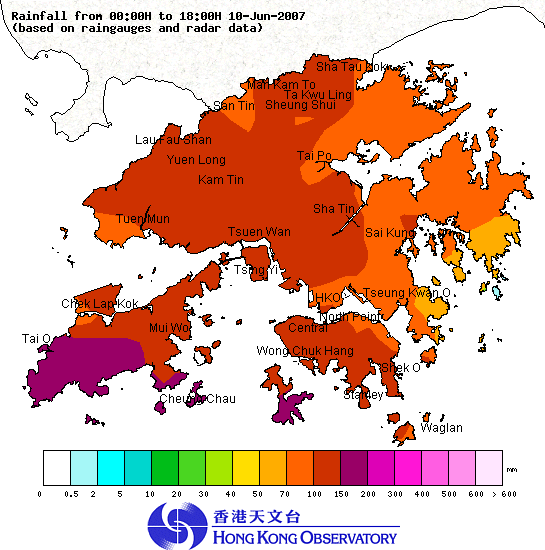Figure 1. The rainfall distribution in Hong Kong from midnight to 6 p.m. on 10 June 2007