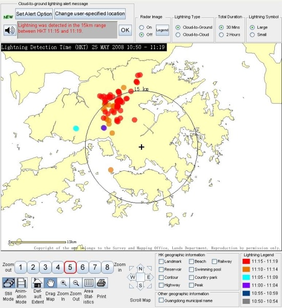 The webpage automatically sends out an alert when lightning is detected within a 15 km range of the user-specified location