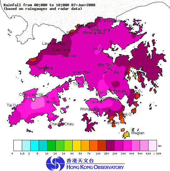 Figure 1. 	The rainfall distribution in Hong Kong from midnight to 6 p.m. on 7 June 2008.