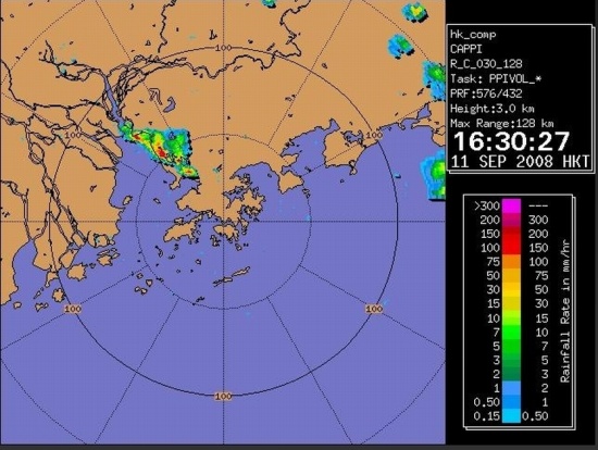 Figure 1: Radar imagery at 4.30pm, September 11, indicating localised intense thunderstorms over Shenzhen.