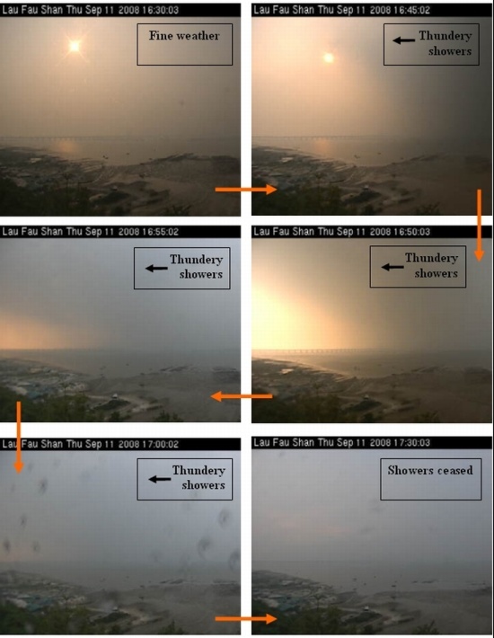Figure 2: A series of photos showing heavy thundery showers swiftly crossing Lau Fau Shan around 5pm on September 11.