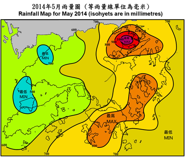 Rainfall Map For May 2014 (isohyets are in millimetres)