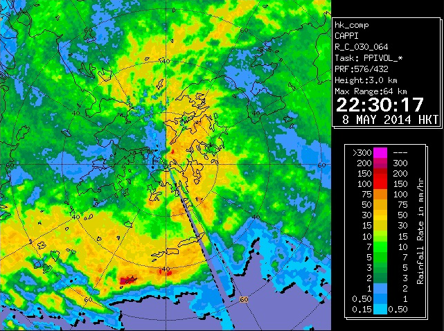 Radar image showing heavy rain crossing the territory at 10:30 p.m. on 8 May 2014
