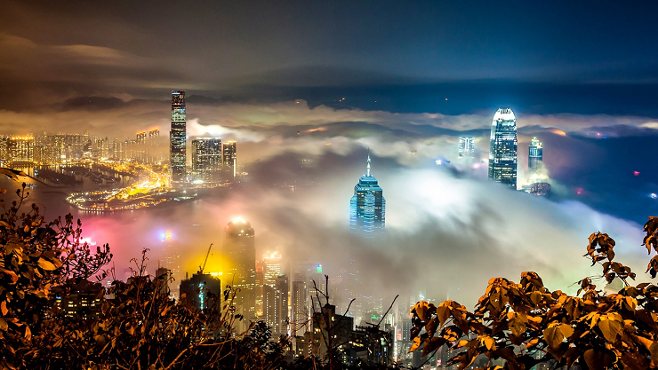 Foggy weather over Hong Kong as seen from the Peak on the night of 6 April 2016
